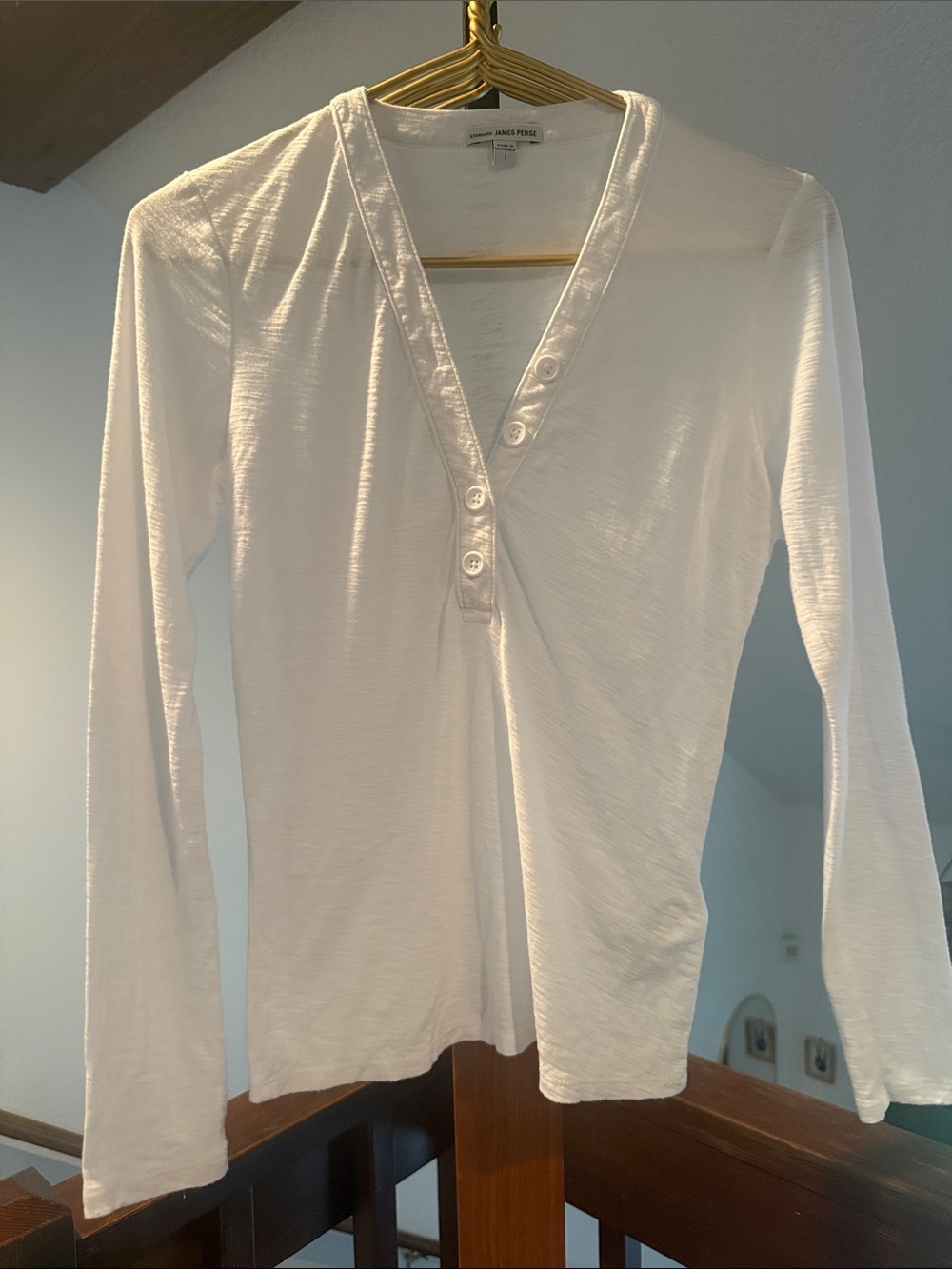 James Perse White Long-Sleeve V-Neck Button Henley